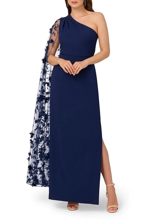 Adrianna Papell Dresses & Skirts - NWT Adrianna Papell Navy One-Shoulder Evening Gown with Floral Appliqué Cape
